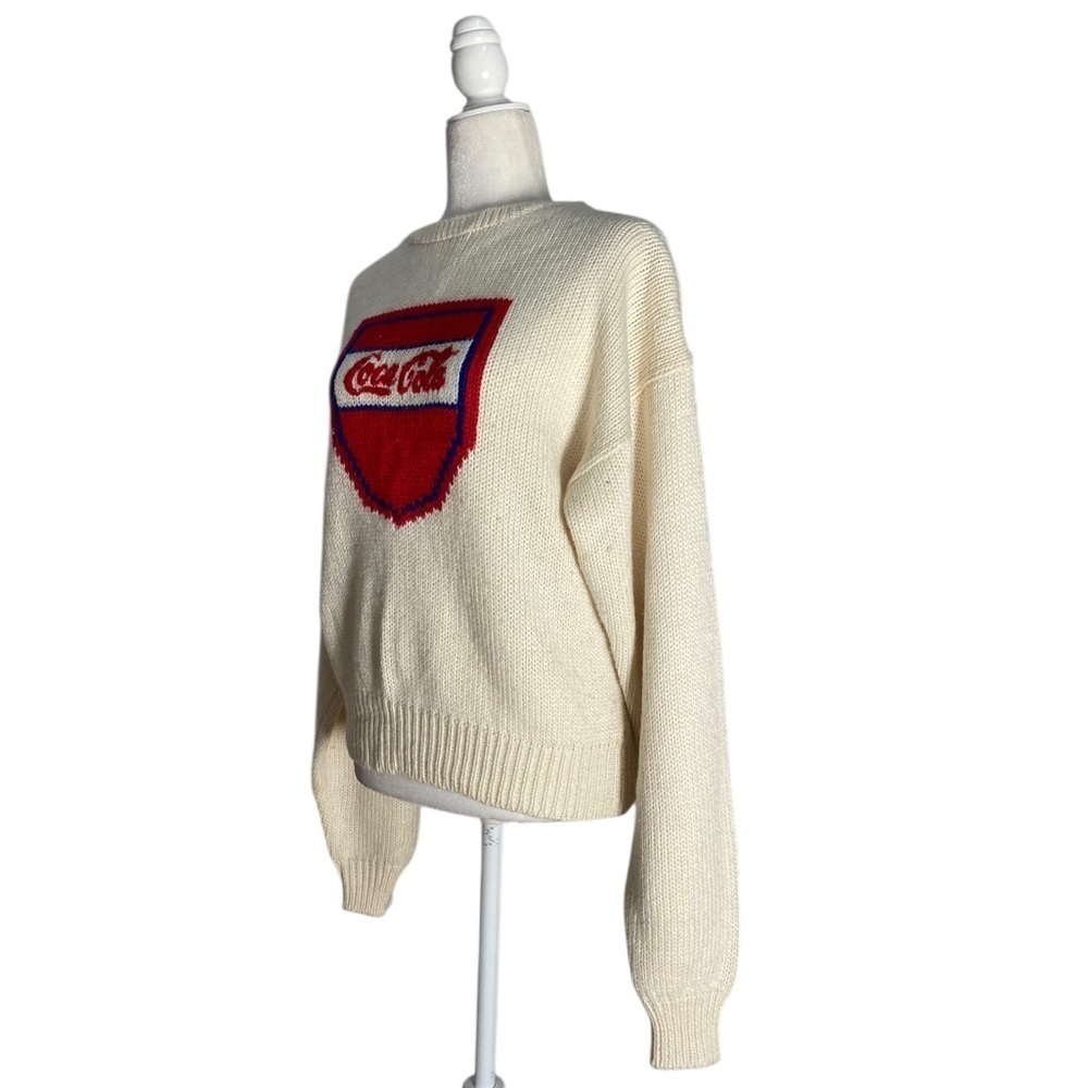 Vintage Coca Cola Knit Sweater Cream Intarsia Red Blue Logo Wool Blend 80s - Picture 3 of 11